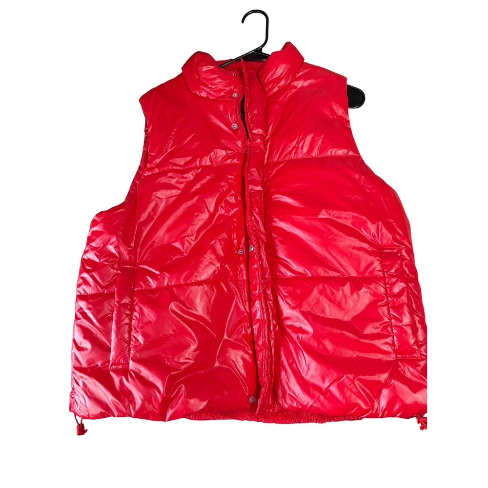 A New Day Red Glossy Puffer Vest Faux Fur Collar Shiny Quilted Vest Womens L